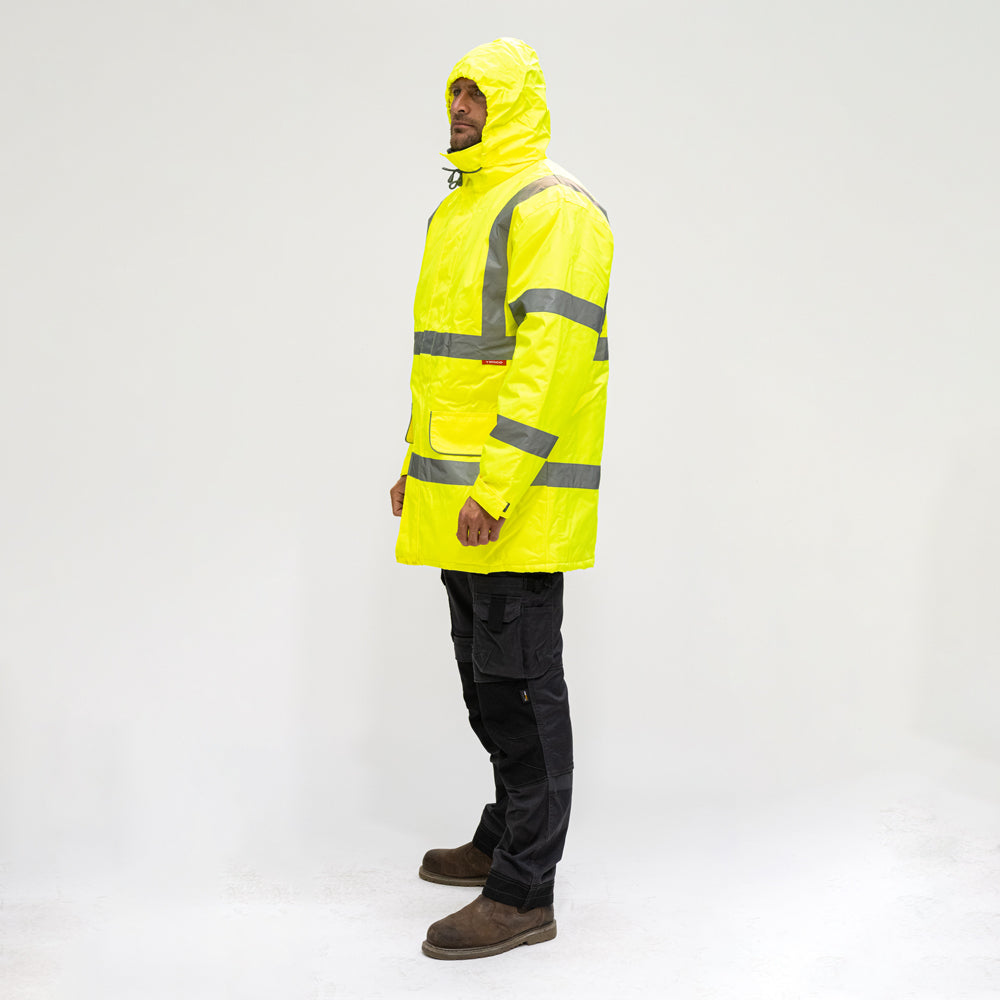 This is an image showing TIMCO Hi-Visibility Parka Jacket - Yellow - Large - 1 Each Bag available from T.H Wiggans Ironmongery in Kendal, quick delivery at discounted prices.