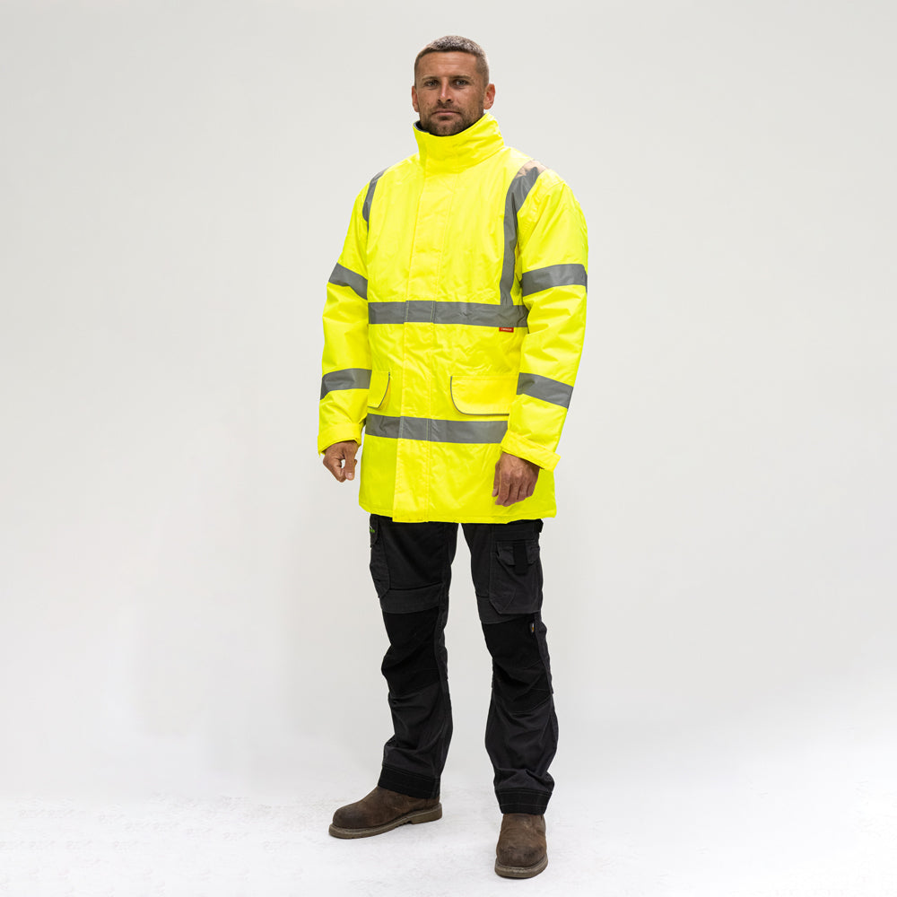 This is an image showing TIMCO Hi-Visibility Parka Jacket - Yellow - XX Large - 1 Each Bag available from T.H Wiggans Ironmongery in Kendal, quick delivery at discounted prices.