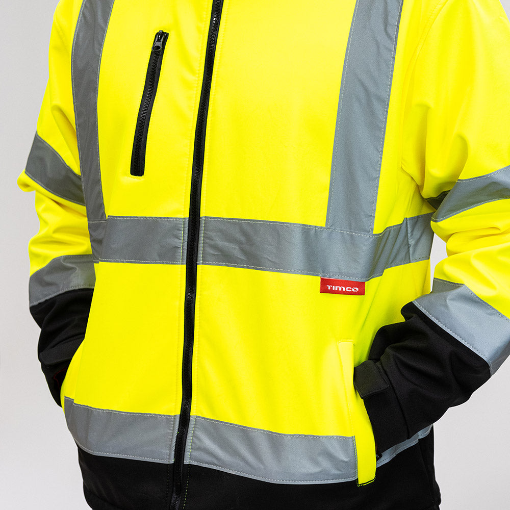 This is an image showing TIMCO Hi-Visibility Softshell Jacket - Yellow - Large - 1 Each Bag available from T.H Wiggans Ironmongery in Kendal, quick delivery at discounted prices.
