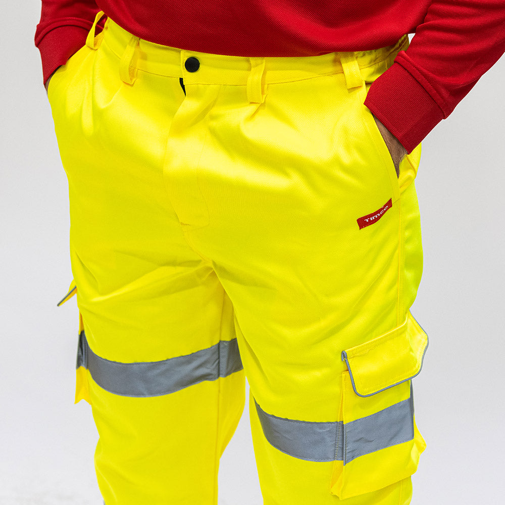 This is an image showing TIMCO Hi-Visibility Executive Trousers - Yellow - Large - 1 Each Bag available from T.H Wiggans Ironmongery in Kendal, quick delivery at discounted prices.