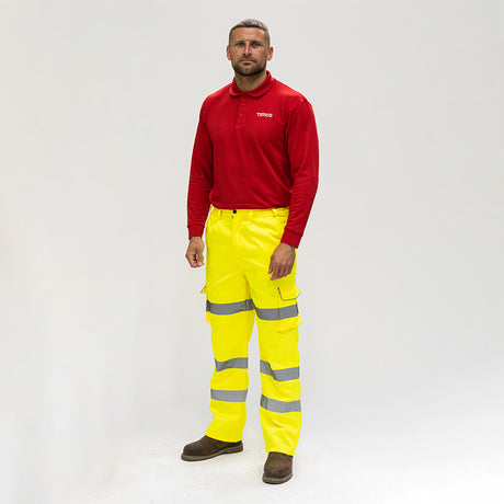 This is an image showing TIMCO Hi-Visibility Executive Trousers - Yellow - XX Large - 1 Each Bag available from T.H Wiggans Ironmongery in Kendal, quick delivery at discounted prices.