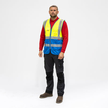 This is an image showing TIMCO Hi-Visibility Executive Vest - Yellow & Blue - Medium - 1 Each Bag available from T.H Wiggans Ironmongery in Kendal, quick delivery at discounted prices.