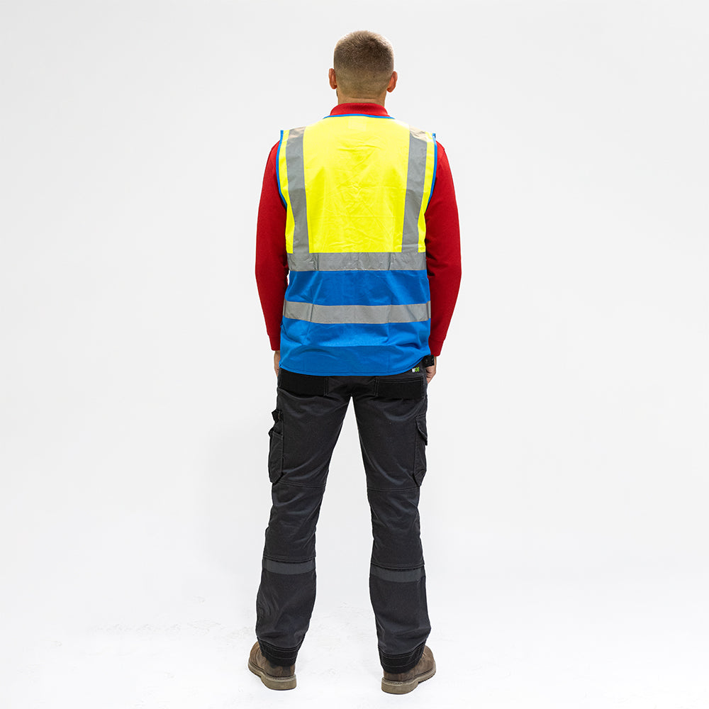 This is an image showing TIMCO Hi-Visibility Executive Vest - Yellow & Blue - Medium - 1 Each Bag available from T.H Wiggans Ironmongery in Kendal, quick delivery at discounted prices.