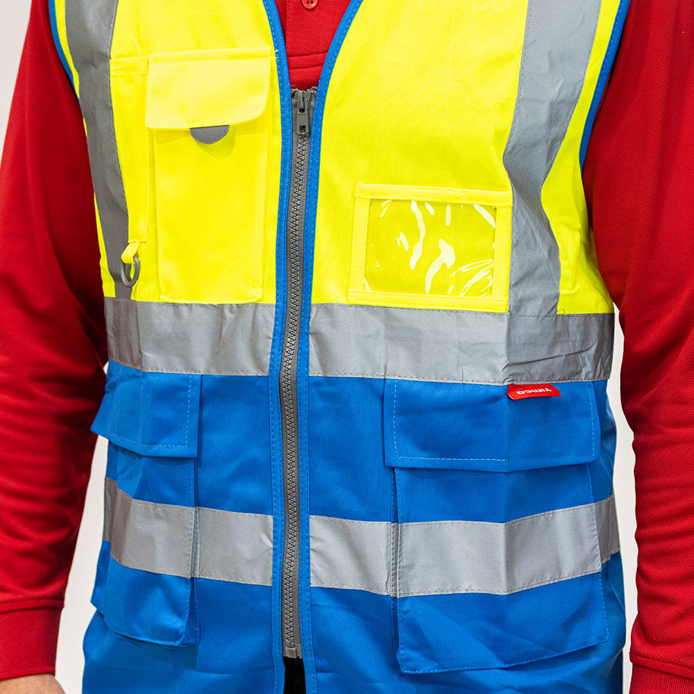 This is an image showing TIMCO Hi-Visibility Executive Vest - Yellow & Blue - Small - 1 Each Bag available from T.H Wiggans Ironmongery in Kendal, quick delivery at discounted prices.