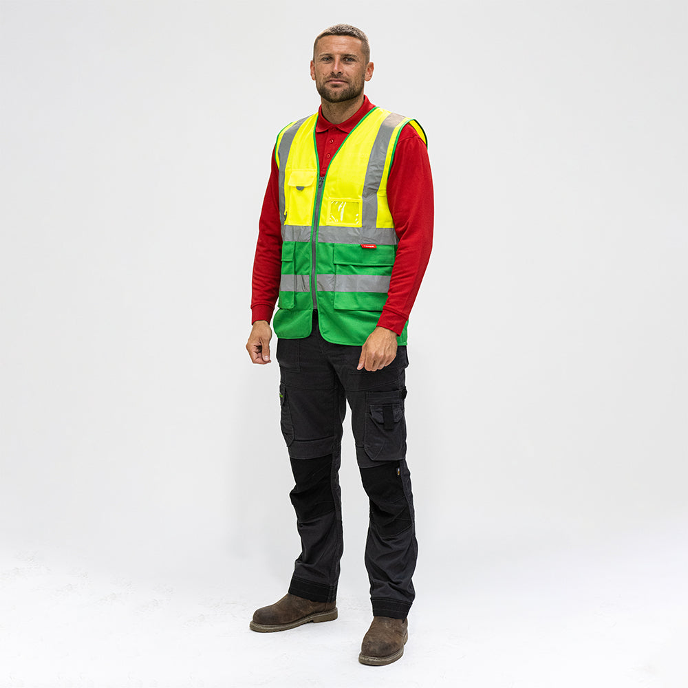 This is an image showing TIMCO Hi-Visibility Executive Vest - Yellow & Green - X Large - 1 Each Bag available from T.H Wiggans Ironmongery in Kendal, quick delivery at discounted prices.
