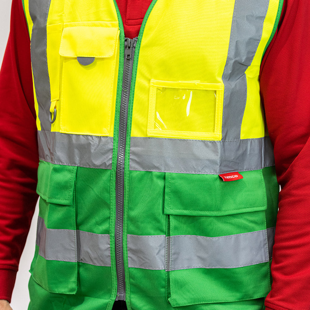 This is an image showing TIMCO Hi-Visibility Executive Vest - Yellow & Green - X Large - 1 Each Bag available from T.H Wiggans Ironmongery in Kendal, quick delivery at discounted prices.