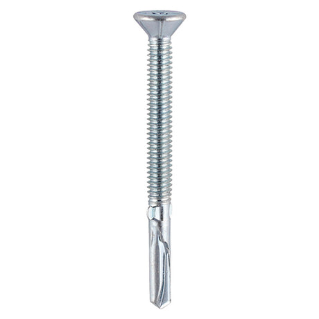 This is an image showing TIMCO Metal Construction Timber to Heavy Section Screws - Countersunk - Wing-Tip - Self-Drilling - Zinc - 5.5 x 100 - 100 Pieces Box available from T.H Wiggans Ironmongery in Kendal, quick delivery at discounted prices.