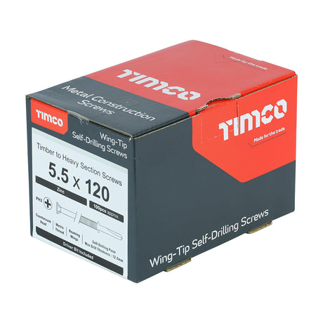 This is an image showing TIMCO Metal Construction Timber to Heavy Section Screws - Countersunk - Wing-Tip - Self-Drilling - Zinc - 5.5 x 120 - 100 Pieces Box available from T.H Wiggans Ironmongery in Kendal, quick delivery at discounted prices.