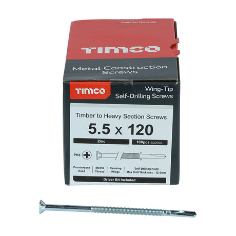 This is an image showing TIMCO Metal Construction Timber to Heavy Section Screws - Countersunk - Wing-Tip - Self-Drilling - Zinc - 5.5 x 120 - 100 Pieces Box available from T.H Wiggans Ironmongery in Kendal, quick delivery at discounted prices.