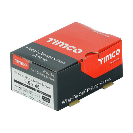 This is an image showing TIMCO Metal Construction Timber to Heavy Section Screws - Countersunk - Wing-Tip - Self-Drilling - Zinc - 5.5 x 45 - 200 Pieces Box available from T.H Wiggans Ironmongery in Kendal, quick delivery at discounted prices.