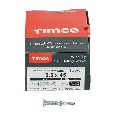 This is an image showing TIMCO Metal Construction Timber to Heavy Section Screws - Countersunk - Wing-Tip - Self-Drilling - Zinc - 5.5 x 45 - 200 Pieces Box available from T.H Wiggans Ironmongery in Kendal, quick delivery at discounted prices.