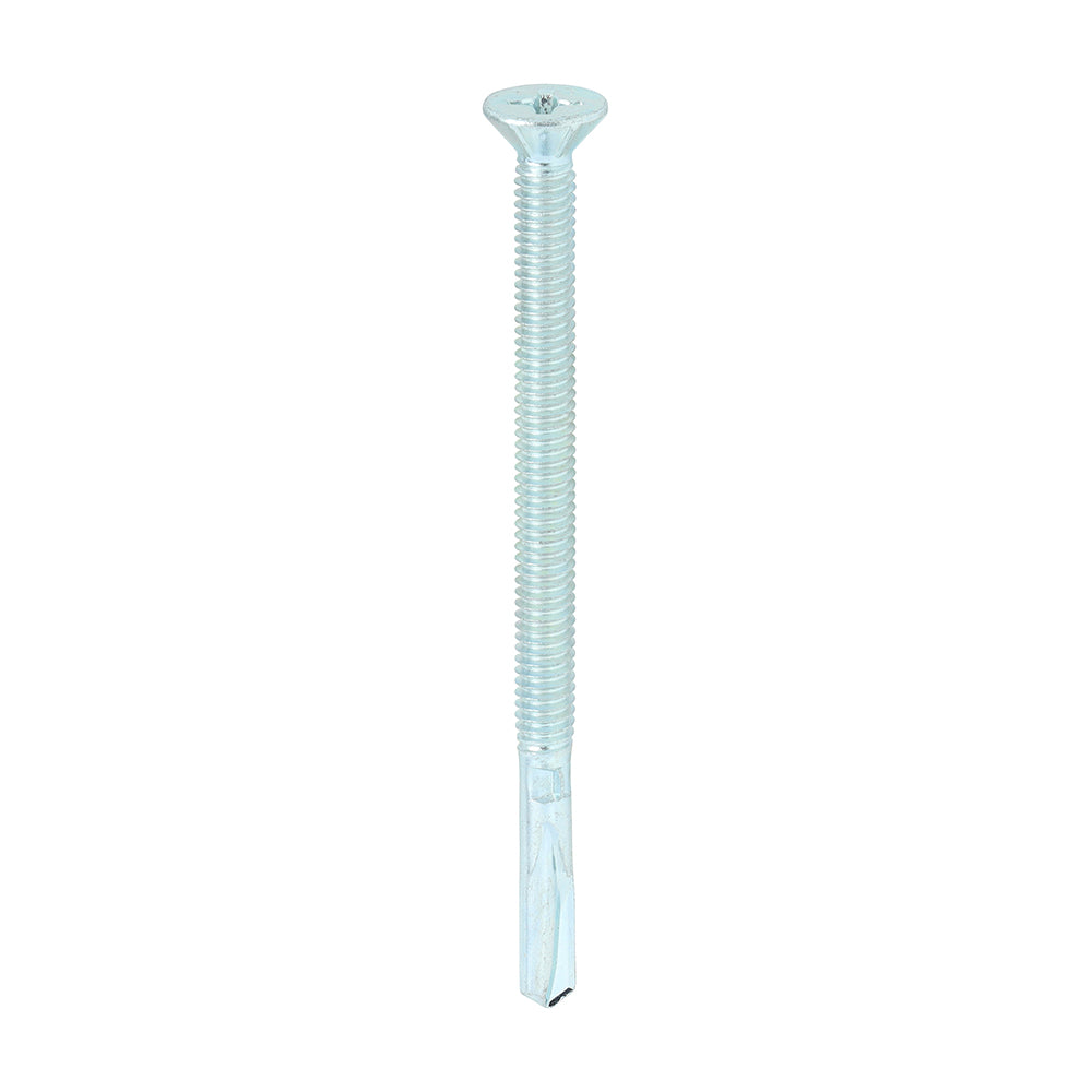 This is an image showing TIMCO Metal Construction Timber to Heavy Section Screws - Countersunk - Wing-Tip - Self-Drilling - Zinc - 5.5 x 85 - 100 Pieces Box available from T.H Wiggans Ironmongery in Kendal, quick delivery at discounted prices.