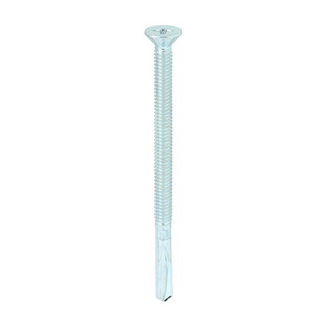 This is an image showing TIMCO Metal Construction Timber to Heavy Section Screws - Countersunk - Wing-Tip - Self-Drilling - Zinc - 5.5 x 85 - 100 Pieces Box available from T.H Wiggans Ironmongery in Kendal, quick delivery at discounted prices.