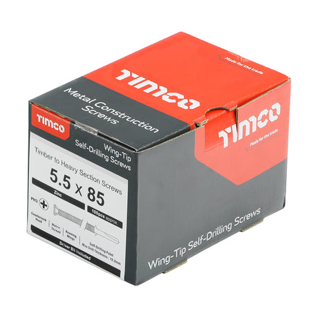 This is an image showing TIMCO Metal Construction Timber to Heavy Section Screws - Countersunk - Wing-Tip - Self-Drilling - Zinc - 5.5 x 85 - 100 Pieces Box available from T.H Wiggans Ironmongery in Kendal, quick delivery at discounted prices.