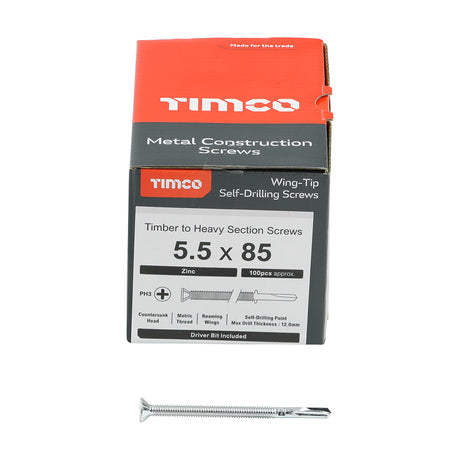 This is an image showing TIMCO Metal Construction Timber to Heavy Section Screws - Countersunk - Wing-Tip - Self-Drilling - Zinc - 5.5 x 85 - 100 Pieces Box available from T.H Wiggans Ironmongery in Kendal, quick delivery at discounted prices.