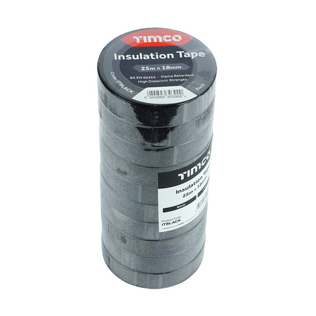 This is an image showing TIMCO PVC Insulation Tape - Black - 25m x 18mm - 10 Pieces Roll Pack available from T.H Wiggans Ironmongery in Kendal, quick delivery at discounted prices.