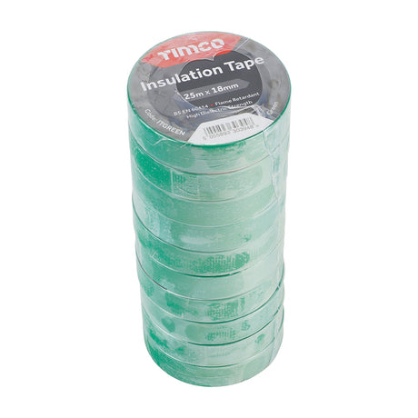 This is an image showing TIMCO PVC Insulation Tape - Green - 25m x 18mm - 10 Pieces Roll Pack available from T.H Wiggans Ironmongery in Kendal, quick delivery at discounted prices.