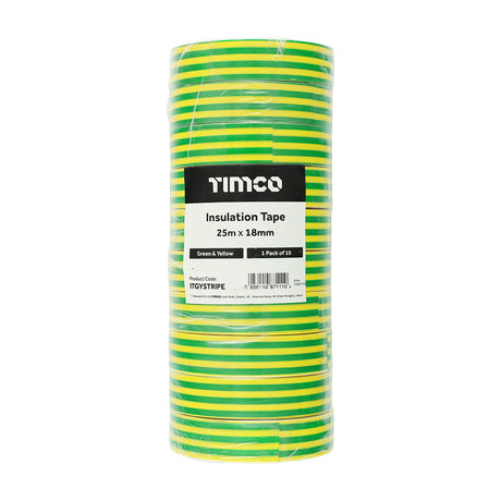 This is an image showing TIMCO PVC Insulation Tape - Green & Yellow Stripe - 25m x 18mm - 10 Pieces Roll Pack available from T.H Wiggans Ironmongery in Kendal, quick delivery at discounted prices.