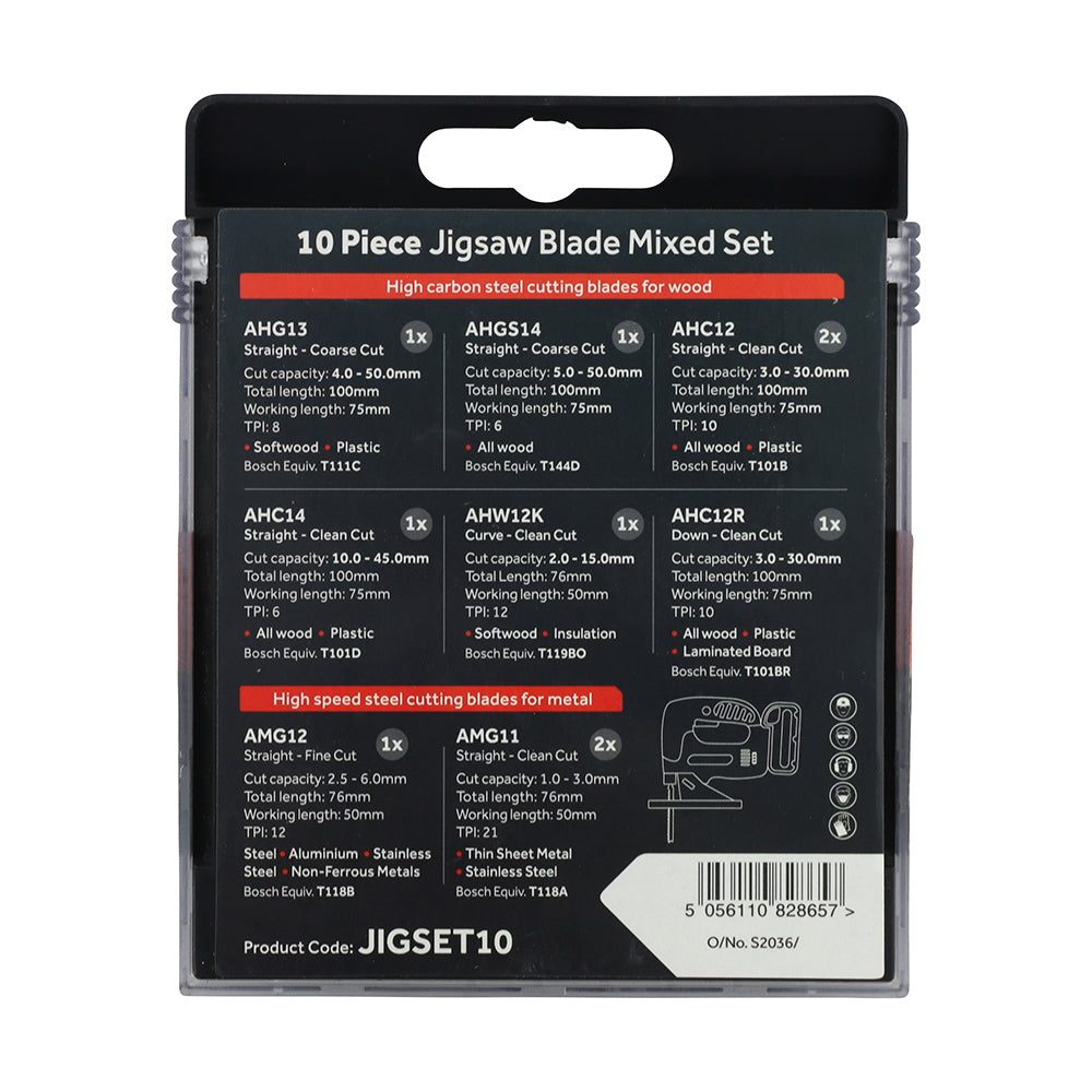 This is an image showing TIMCO Mixed Jigsaw Set - Wood & Metal Cutting - High Carbon Steel & HSS Blades - Mixed - 10 Pieces Case available from T.H Wiggans Ironmongery in Kendal, quick delivery at discounted prices.