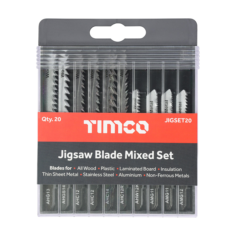 This is an image showing TIMCO Mixed Jigsaw Set - Wood & Metal Cutting - High Carbon Steel & HSS Blades - Mixed - 20 Pieces Case available from T.H Wiggans Ironmongery in Kendal, quick delivery at discounted prices.