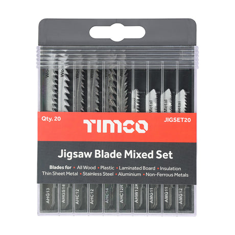 This is an image showing TIMCO Mixed Jigsaw Set - Wood & Metal Cutting - High Carbon Steel & HSS Blades - Mixed - 20 Pieces Case available from T.H Wiggans Ironmongery in Kendal, quick delivery at discounted prices.