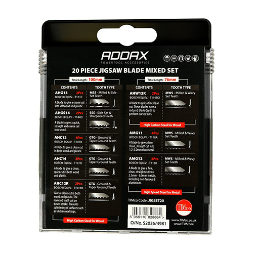 This is an image showing TIMCO Mixed Jigsaw Set - Wood & Metal Cutting - High Carbon Steel & HSS Blades - Mixed - 20 Pieces Case available from T.H Wiggans Ironmongery in Kendal, quick delivery at discounted prices.