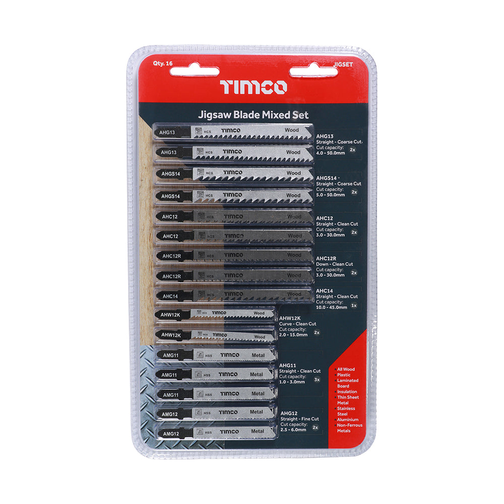 This is an image showing TIMCO Mixed Jigsaw Set - Wood & Metal Cutting - HSS Blades - Mixed - 16 Pieces Blister Pack available from T.H Wiggans Ironmongery in Kendal, quick delivery at discounted prices.