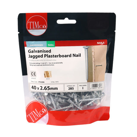 This is an image showing TIMCO Jagged Plasterboard Nails - Galvanised - 40 x 2.65 - 0.5 Kilograms TIMbag available from T.H Wiggans Ironmongery in Kendal, quick delivery at discounted prices.