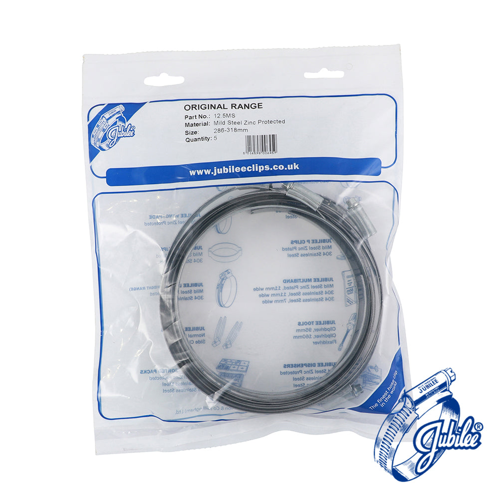 This is an image showing TIMCO Jubilee Clip Mild Steel - 125MS - 286 - 318mm - 5 Pieces Bag available from T.H Wiggans Ironmongery in Kendal, quick delivery at discounted prices.