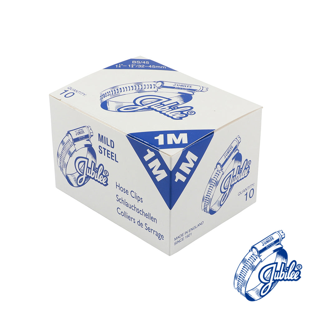 This is an image showing TIMCO Jubilee Clip Mild Steel - 1MMS - 32 - 45mm - 10 Pieces Box available from T.H Wiggans Ironmongery in Kendal, quick delivery at discounted prices.