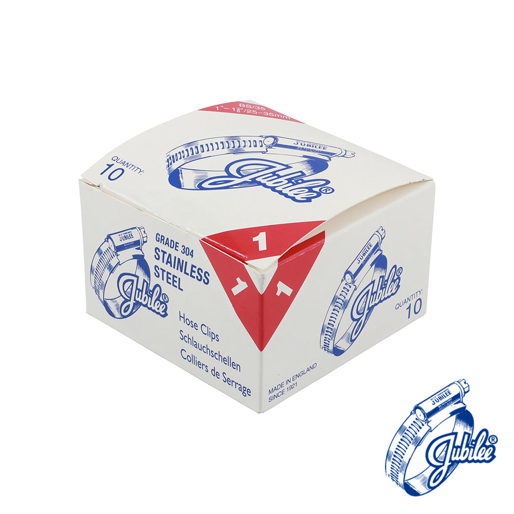 This is an image showing TIMCO Jubilee Clip Stainless Steel - 1SS - 25 - 35mm - 10 Pieces Box available from T.H Wiggans Ironmongery in Kendal, quick delivery at discounted prices.