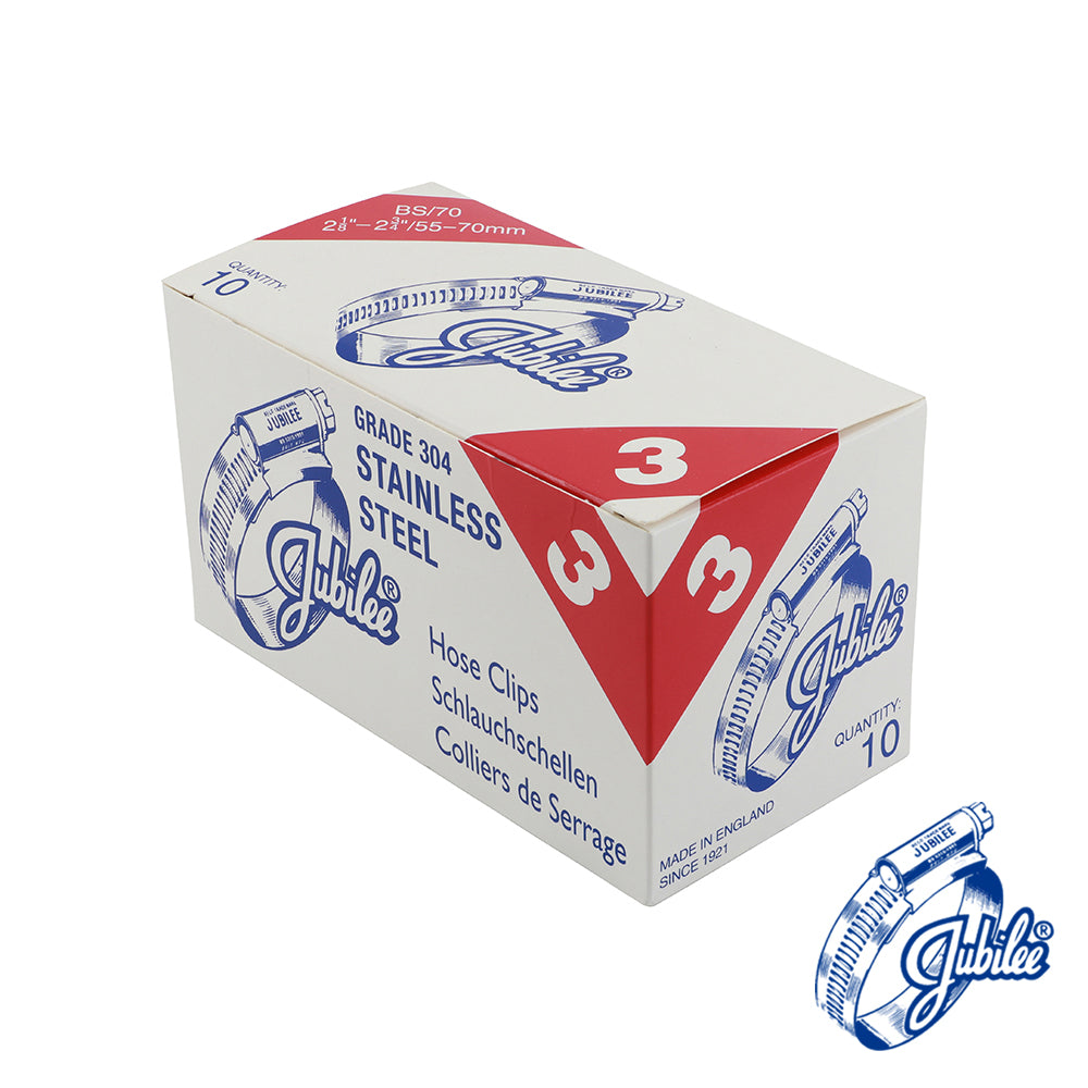 This is an image showing TIMCO Jubilee Clip Stainless Steel - 3SS - 55 - 70mm - 10 Pieces Box available from T.H Wiggans Ironmongery in Kendal, quick delivery at discounted prices.