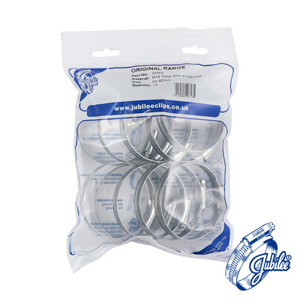 This is an image showing TIMCO Jubilee Clip Mild Steel - 3XMS - 60 - 80mm - 10 Pieces Bag available from T.H Wiggans Ironmongery in Kendal, quick delivery at discounted prices.