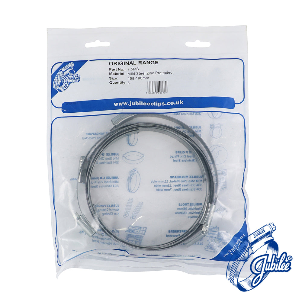 This is an image showing TIMCO Jubilee Clip Mild Steel - 75MS - 158 - 190mm - 5 Pieces Bag available from T.H Wiggans Ironmongery in Kendal, quick delivery at discounted prices.