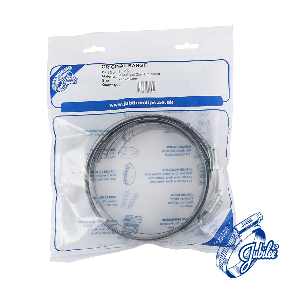 This is an image showing TIMCO Jubilee Clip Mild Steel - 85MS - 184 - 216mm - 5 Pieces Bag available from T.H Wiggans Ironmongery in Kendal, quick delivery at discounted prices.