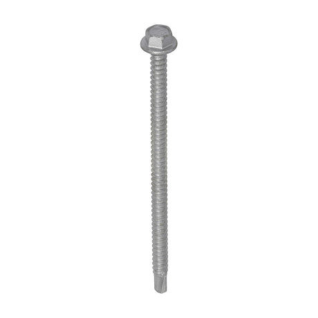 This is an image showing TIMCO Metal Construction Light Section Screws - Hex - Self-Drilling - Exterior - Silver Organic - 5.5 x 100 - 100 Pieces Box available from T.H Wiggans Ironmongery in Kendal, quick delivery at discounted prices.