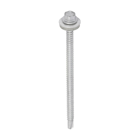 This is an image showing TIMCO Metal Construction Light Section Screws - Hex - EPDM Washer - Self-Drilling - Exterior - Silver Organic - 5.5 x 100 - 100 Pieces Box available from T.H Wiggans Ironmongery in Kendal, quick delivery at discounted prices.