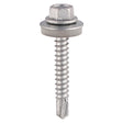 This is an image showing TIMCO Metal Construction Light Section Screws - Hex - EPDM Washer - Self-Drilling - Exterior - Silver Organic - 5.5 x 19 - 100 Pieces Box available from T.H Wiggans Ironmongery in Kendal, quick delivery at discounted prices.