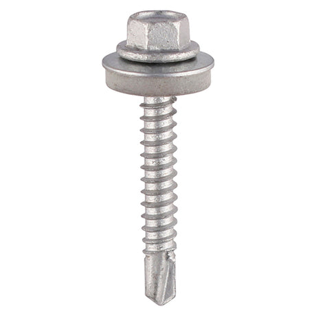 This is an image showing TIMCO Metal Construction Light Section Screws - Hex - EPDM Washer - Self-Drilling - Exterior - Silver Organic - 5.5 x 19 - 100 Pieces Box available from T.H Wiggans Ironmongery in Kendal, quick delivery at discounted prices.