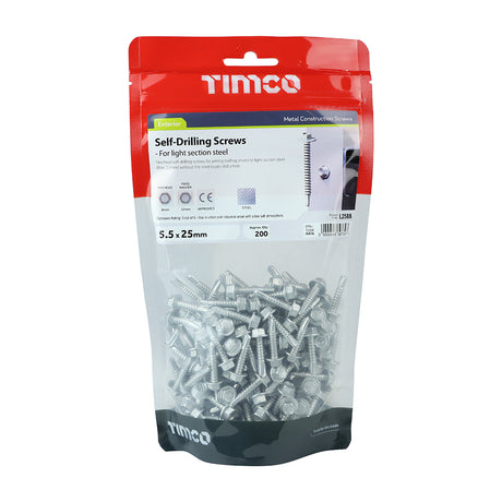 This is an image showing TIMCO Metal Construction Light Section Screws - Hex - Self-Drilling - Exterior - Silver Organic - 5.5 x 25 - 200 Pieces TIMbag available from T.H Wiggans Ironmongery in Kendal, quick delivery at discounted prices.