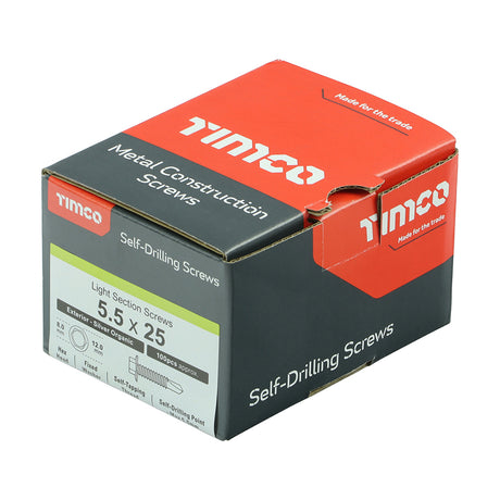 This is an image showing TIMCO Metal Construction Light Section Screws - Hex - Self-Drilling - Exterior - Silver Organic - 5.5 x 25 - 100 Pieces Box available from T.H Wiggans Ironmongery in Kendal, quick delivery at discounted prices.