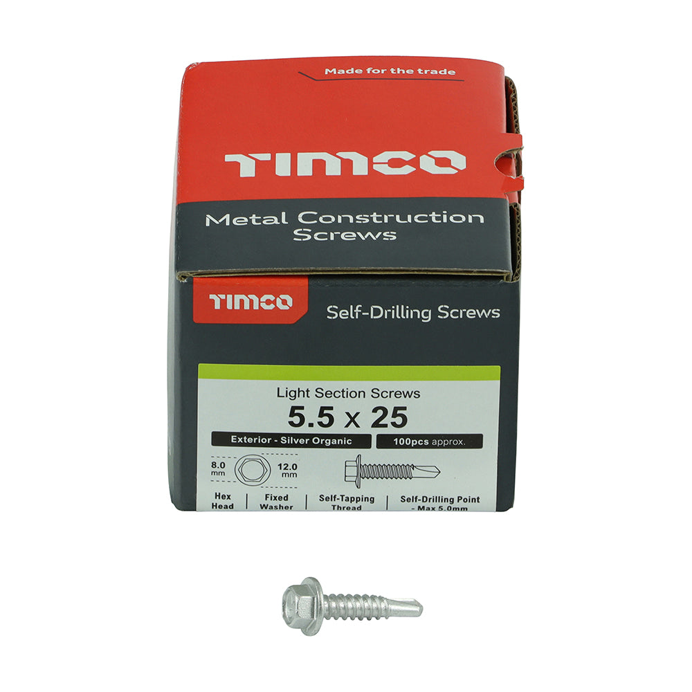 This is an image showing TIMCO Metal Construction Light Section Screws - Hex - Self-Drilling - Exterior - Silver Organic - 5.5 x 25 - 100 Pieces Box available from T.H Wiggans Ironmongery in Kendal, quick delivery at discounted prices.