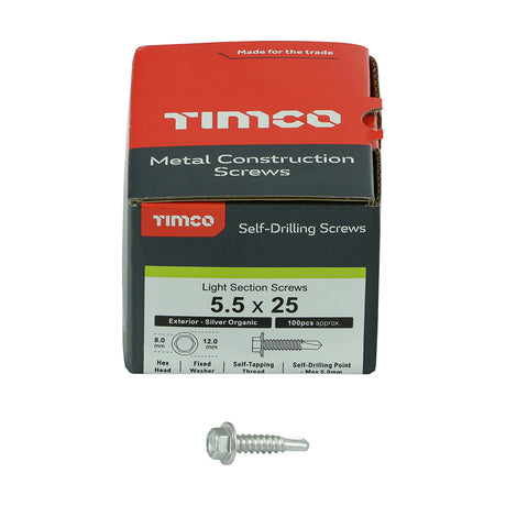 This is an image showing TIMCO Metal Construction Light Section Screws - Hex - Self-Drilling - Exterior - Silver Organic - 5.5 x 25 - 100 Pieces Box available from T.H Wiggans Ironmongery in Kendal, quick delivery at discounted prices.