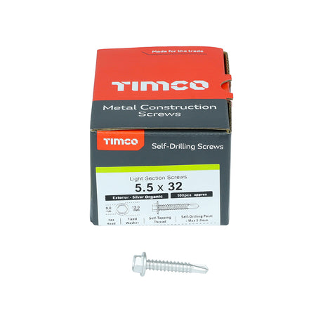 This is an image showing TIMCO Metal Construction Light Section Screws - Hex - Self-Drilling - Exterior - Silver Organic - 5.5 x 32 - 100 Pieces Box available from T.H Wiggans Ironmongery in Kendal, quick delivery at discounted prices.