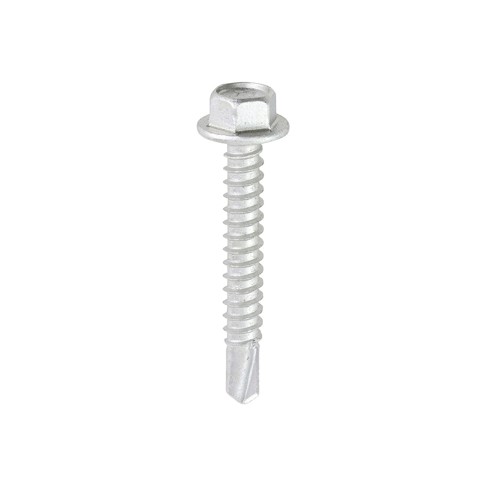 This is an image showing TIMCO Metal Construction Light Section Screws - Hex - Self-Drilling - Exterior - Silver Organic - 5.5 x 38 - 100 Pieces Box available from T.H Wiggans Ironmongery in Kendal, quick delivery at discounted prices.