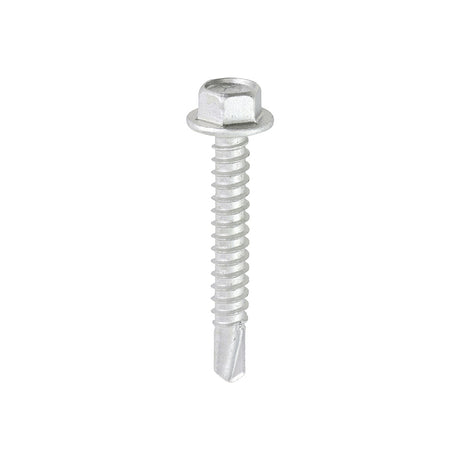 This is an image showing TIMCO Metal Construction Light Section Screws - Hex - Self-Drilling - Exterior - Silver Organic - 5.5 x 38 - 100 Pieces Box available from T.H Wiggans Ironmongery in Kendal, quick delivery at discounted prices.