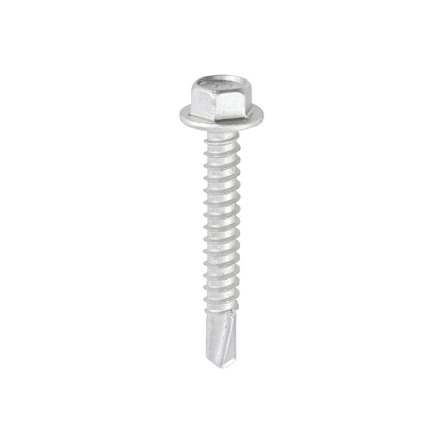 This is an image showing TIMCO Metal Construction Light Section Screws - Hex - Self-Drilling - Exterior - Silver Organic - 5.5 x 38 - 100 Pieces Box available from T.H Wiggans Ironmongery in Kendal, quick delivery at discounted prices.