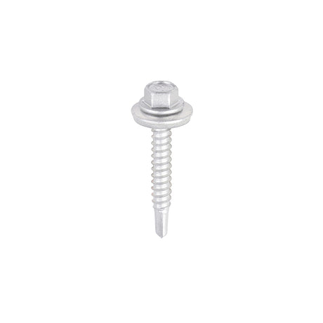 This is an image showing TIMCO Metal Construction Light Section Screws - Hex - EPDM Washer - Self-Drilling - Exterior - Silver Organic - 5.5 x 38 - 100 Pieces Box available from T.H Wiggans Ironmongery in Kendal, quick delivery at discounted prices.