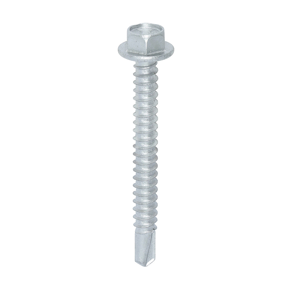 This is an image showing TIMCO Metal Construction Light Section Screws - Hex - Self-Drilling - Exterior - Silver Organic - 5.5 x 50 - 100 Pieces Box available from T.H Wiggans Ironmongery in Kendal, quick delivery at discounted prices.