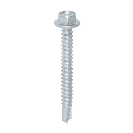 This is an image showing TIMCO Metal Construction Light Section Screws - Hex - Self-Drilling - Exterior - Silver Organic - 5.5 x 50 - 100 Pieces Box available from T.H Wiggans Ironmongery in Kendal, quick delivery at discounted prices.